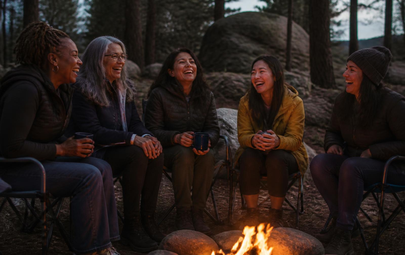 A small group of adults laughing around a campfire at dusk