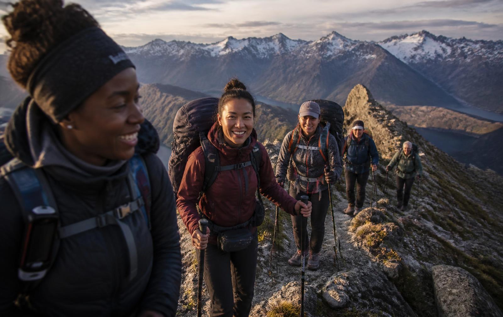 Group of women backpacking along a high alpine ridgeline with snowcapped peaks behind them